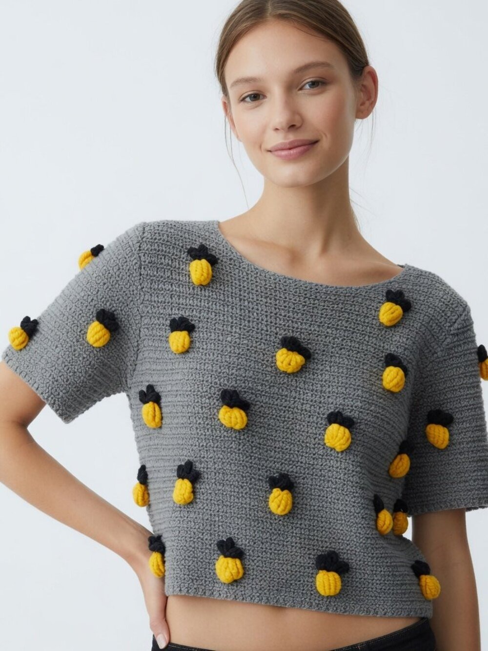 *Zara Gray Pineapple Pom Pom Cropped Knit Sweater Short Sleeve S